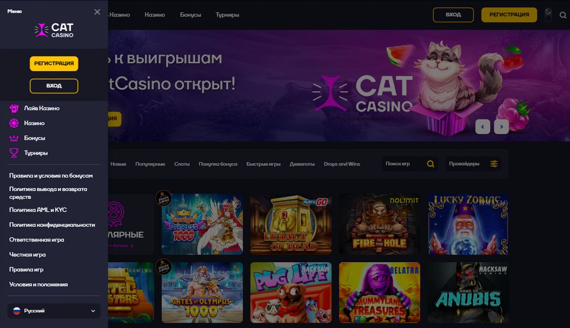 Навигация по сайту Casino Cat